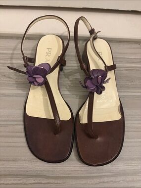 Vintage Prada Brown Leather T-Strap Sandals with Purple Flower